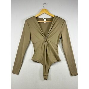 Minimalist HM Womens Medium Olive Tan Twist Front Long Sleeve V-Neck Bodysuit